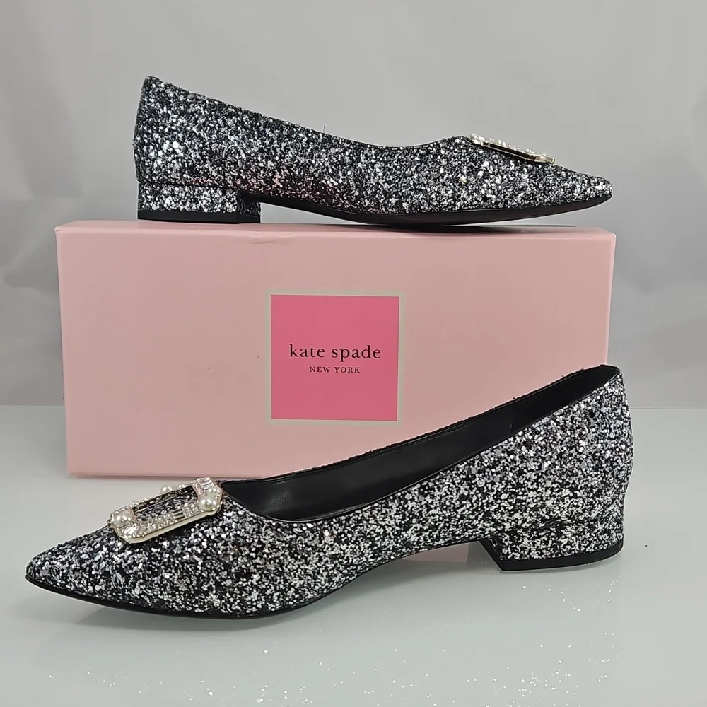 Kate Spade Silver Buckle Up Glitter Flats Size 38.5 - Picture 4 of 15